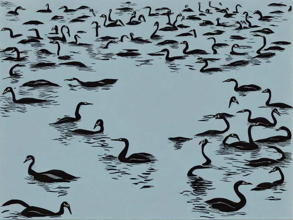 Image similar to black swans chilling in a lake that surrounded by forest, lake is light blue and sky is cloudy, by collaboration of M. C. Escher and Salvador Dali