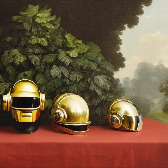 Image similar to still life painting of a daft punk helmets and greenery by pieter claesz, oil on canvas, strong lighting, highly detailed, hyper realism, golden hour, god rays, hd, 4 k