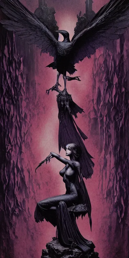 Prompt: raven perched on a bust of beautiful woman in a dark gothic room gothic, full frame, by wayne barlowe, peter mohrbacher, kelly mckernan, james o barr
