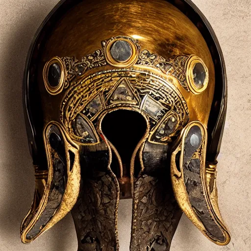 Image similar to symmetrical product photograph of a highly detailed ominous helmet made from animal skulls and gold inlay, damaged