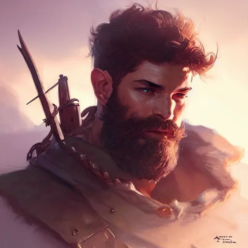 Image similar to young rugged ranger, muscular,, hairy thighs, D&D, fantasy, intricate, cinematic lighting, highly detailed, digital painting, artstation, concept art, smooth, sharp focus, illustration, art by Artgerm and Greg Rutkowski and Alphonse Mucha