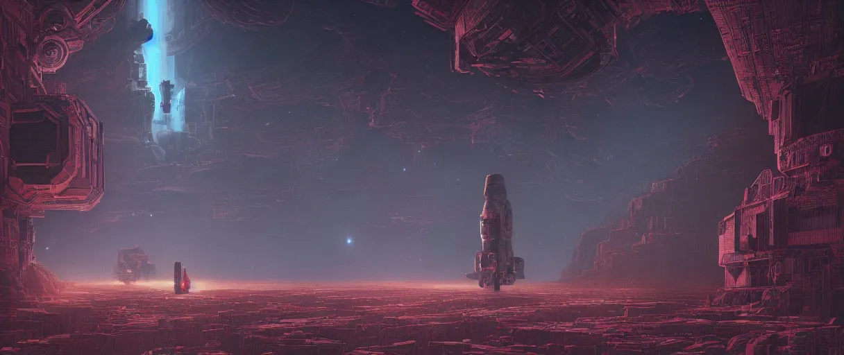 Image similar to Halls of Space by Ben Wanat; illustration, deep space exploration, the expanse tv series, industrial design, space travel, intergalactic, atmospheric, cinematic lighting, 4k, greebles, widescreen, wide angle, beksinski, sharp and blocky shapes, simon stalenhag palette