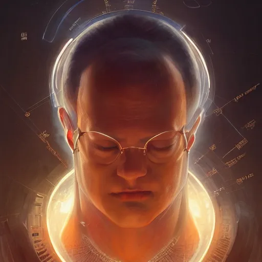 Image similar to portrait of the god of science and technology, upper body, D&D, intricate, cinematic lighting, highly detailed, digital painting, artstation, concept art, smooth, sharp focus, illustration, art by Artgerm and Greg Rutkowski