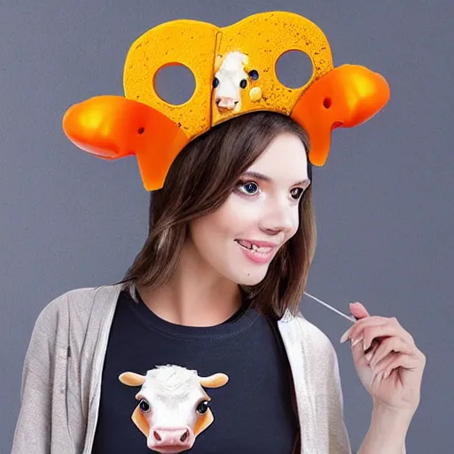Prompt: cheese head hat fashion with cows popping out of the holes very detailed, hyper realistic