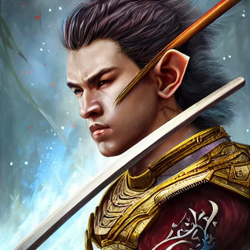 Prompt: a beautiful male elf samurai, wielding a longbow, 8 k, hyperrealistic, dragon slayer, hyperdetailed, fantasy portrait by laura sava
