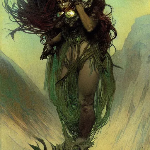 Prompt: close - up portrait of impassive mutant with brown, green, and white scales and grim expression stepping through nabarean arlock, science fiction concept art by greg rutkowski, alphonse mucha, gaston bussiere, brom, deak ferrand, and beksinski