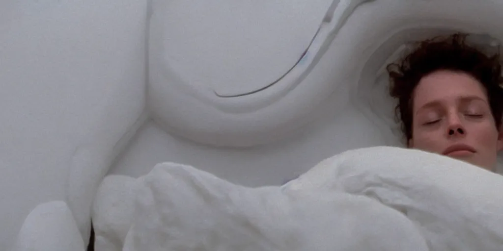 Image similar to a close-up of Ripley sleeping inside an all-white cryogenic sleeping capsule by Ridley Scott, Alien movie, grainy, bluish and cream tones