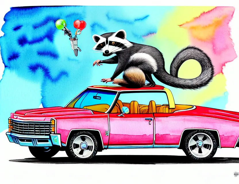 Image similar to cute and funny, racoon riding in a 1 9 6 9 chevy impala drop top with hydraulics, ratfink style by ed roth, centered award winning watercolor pen illustration, isometric illustration by chihiro iwasaki, edited by range murata, tiny details by artgerm and watercolor girl, symmetrically isometrically centered