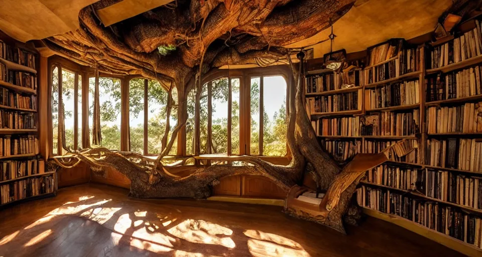 Image similar to An incredibly beautiful scene from a 2022 Marvel film featuring a cozy art nouveau reading nook in a fantasy treehouse interior. Ancient books. A tree trunk. Suspended walkways. Golden Hour. 8K UHD.