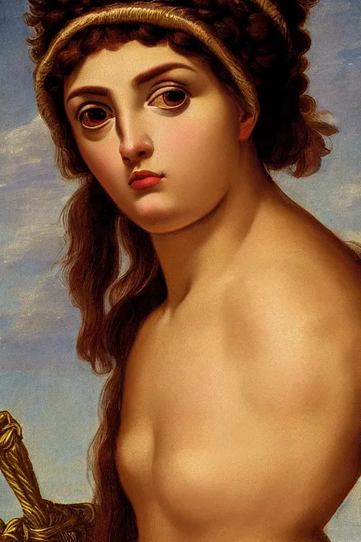 Image similar to beautiful woman, scared face, closeup, dressed in roman clothes, ultra detailed, art by Guido Reni style