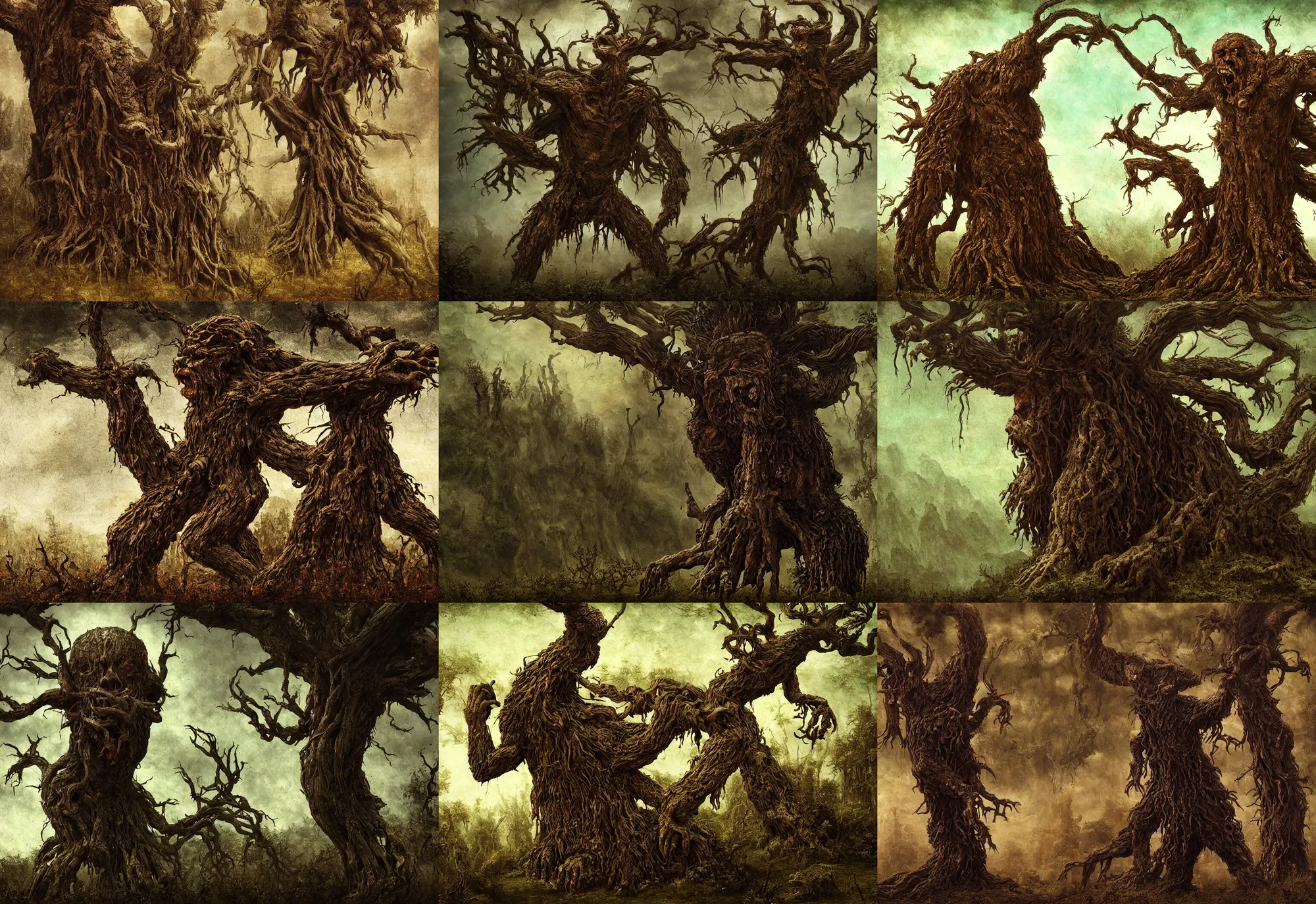 Prompt: vengeful tree monster, decayed, deforested, evil, dark fantasy, highly detailed, smooth, matte painting, by leonardo da vinci, frank franzzeta, artistic render, vaporwave
