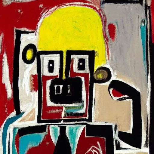 Prompt: It's morning. Sunlight is pouring through the window bathing the face of a man enjoying a hot cup of coffee. A new day has dawned bringing with it new hopes and aspirations. Painting by Basquiat, 1939