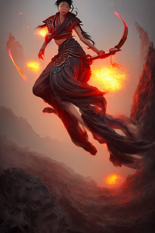 Image similar to nezha flies around swiftly on his wind flame circles in ruin chinese city, chinese mythology, sharp focus, cinematic, fantasy character portrait, highly detailed, by new gods : nezha reborn, nezha : birth of the demon child, trending on artstation, concept art, flame everywhere,