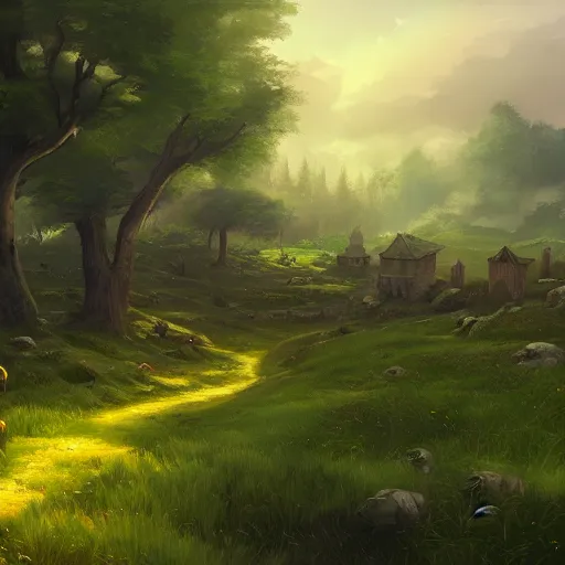 Image similar to medieval fantasy meadow landscape, digital art, andreas rocha, trending on artstation, 4k wallpaper