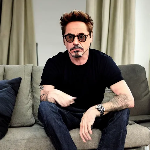 Prompt: robert downey jr sitting on the couch