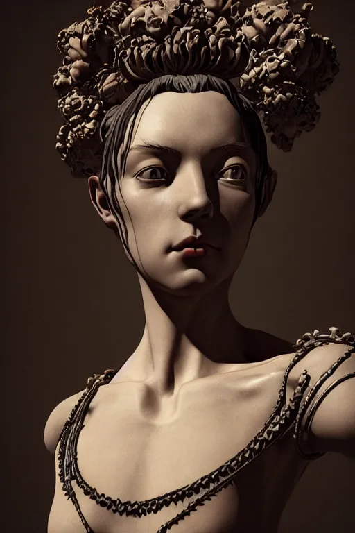 Image similar to dark beauty, surrealism, sculpture, baroque element. intricate artwork by caravaggio. trending on artstation, baroque elements, octane render, cinematic lighting, hyper realism,