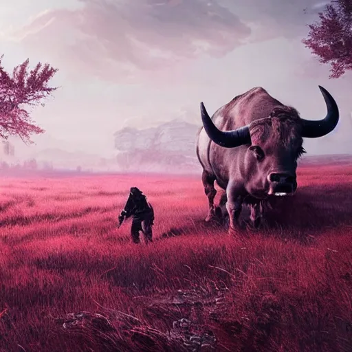 Prompt: epic scene, concept art by Maciej Kuciara, highly detailed, two black bull fight on pink a clearing with pink grass and a river long-range plan