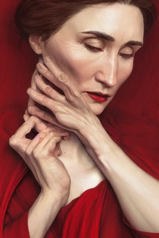 Image similar to carice van houten as a red priest, anatomy, only two hands, highly detailed, digital painting, artstation, concept art, smooth, sharp focus, illustration, unreal engine 5, 8 k, art by art by artgerm and greg rutkowski and edgar maxence