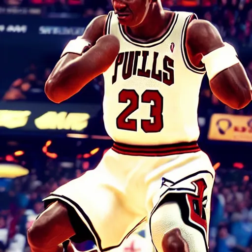 Image similar to a videogame still of Michael Jordan in Tekken 7, 40mm lens, shallow depth of field, split lighting