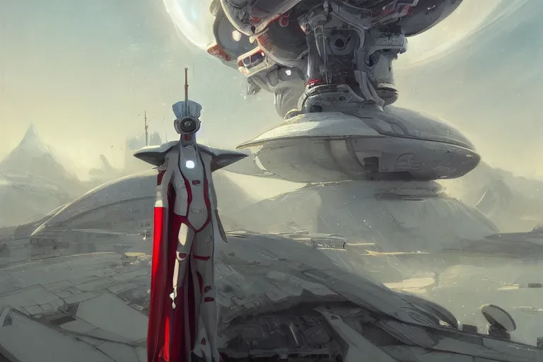 Prompt: a sigma man in futuristic space suit and red cape looking at a massive spaceship construction, white color, scifi, serene, refined, by swang, wlop, peter mohrbacher, jakub rebelka, visually stunning, beautiful, masterpiece