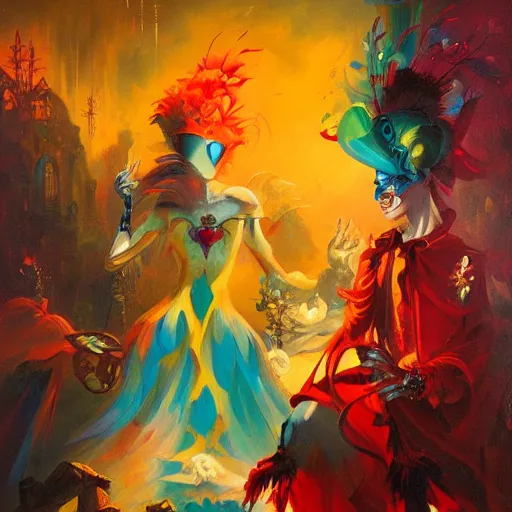 Image similar to a beautiful and vivid and colorful peter mohrbacher and andreas rocha impasto acrylic painting of a masquerade ball