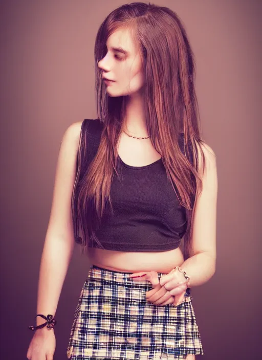 Image similar to gorgeous teen girl in plaid mini skirt and crop top tank top, beautiful face, intricate, extremely detailed, modeling photography, 8 0 mm camera, dramatic lighting, dark room, body and face