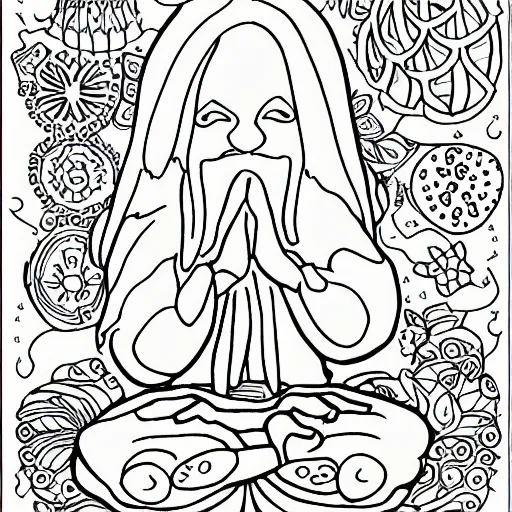 Image similar to gnome yoga poses coloring book page, high detail