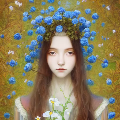 Image similar to breathtaking detailed concept art painting of the goddess of nemophila flowers, orthodox saint, with anxious, piercing eyes, ornate background, amalgamation of leaves and flowers, by Hsiao-Ron Cheng, James jean, Miho Hirano, Hayao Miyazaki, extremely moody lighting, 8K