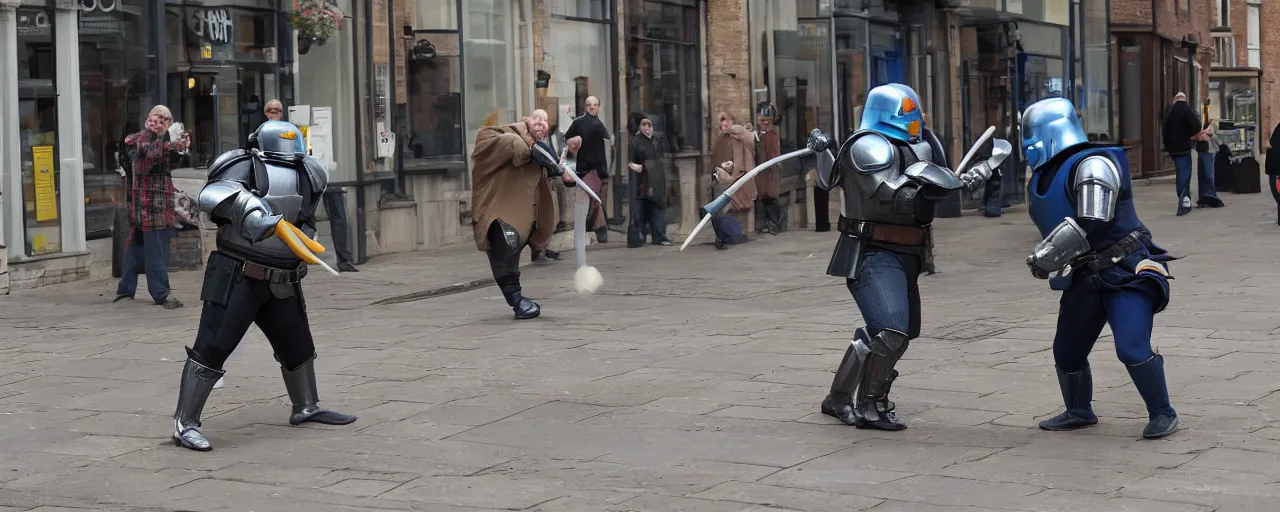 Image similar to two overweight mandalorians duelling on the streets of Rochester England with toilet plungers