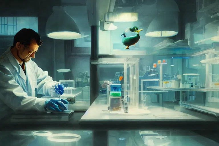 Prompt: A mixed media painting of a scientist duck working in a pcr and microbiology lab, by Frank Frazetta, Greg Rutkowski, Beeple, kawaii, post-processing, low angle, masterpiece, cinematic, isometric, volumetric lighting