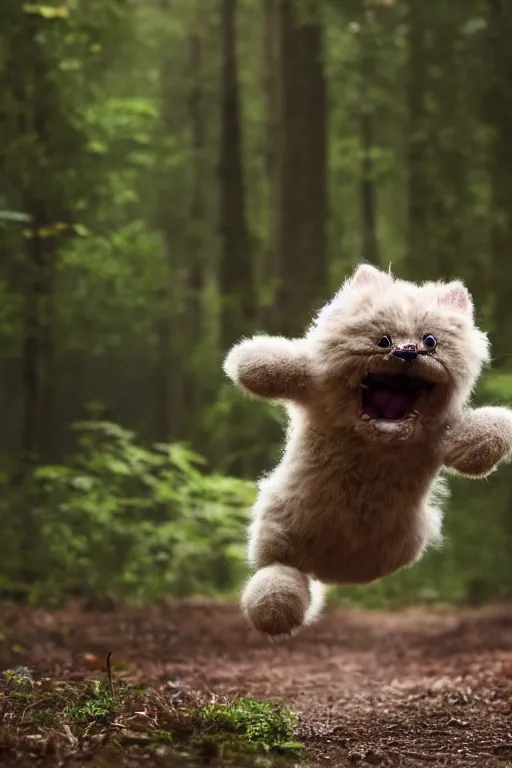 Image similar to A little furry cute monster is excited jumping over a mound in a misty forest, 4k, 8k