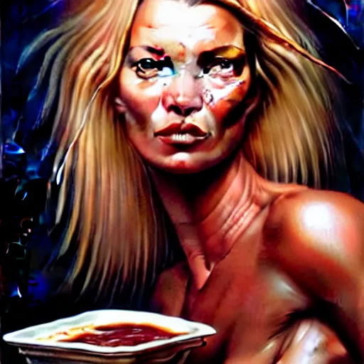Prompt: Grotesque portrait of kate moss eating a rack of ribs slathered in bbq sauce, fantasy, overflowing condiments, elegant, highly detailed, sharp focus, art by Artgerm and Greg Rutkowski and WLOP