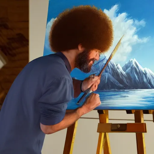 Image similar to a closeup photorealistic photograph of bob ross working on a canvas painting of spiderman. film still. brightly lit scene. mountains and trees. this 4 k hd image is trending on artstation, featured on behance, well - rendered, extra crisp, features intricate detail, epic composition and the style of unreal engine.