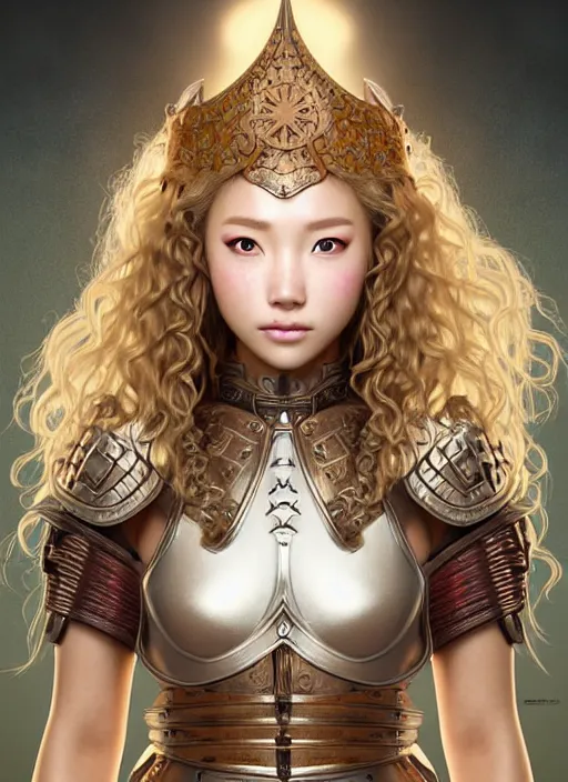 Prompt: complex 3 d hyper realistic smooth ultra sharp render of a gorgeous princess warrior paladin woman | sunkissed tan skin, curly dirty blonde hair, freckles, luminescent eyes | d & d, medieval, fantasy | art by oh jinwook + 吵 集 仁 儿 on artstaion + takeshi obata + alphonse mucha