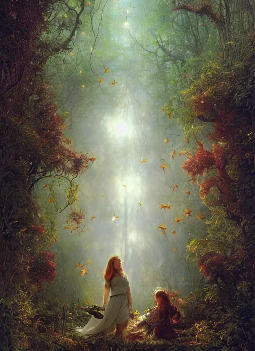 Image similar to Amy Adams staring into the camera, misty wisps, fireflies, Lilia Alvarado, Sophie Anderson, Mark Arian, Bob Byerley, Charlie Bowater, Mark Brooks, Steve Henderson, Justin Gerard, Arthur Hughes, Edward Robert Hughes, Mark Keathley, Victor Nizovtsev, Carlos Shwabe, Ross Tran, WLOP