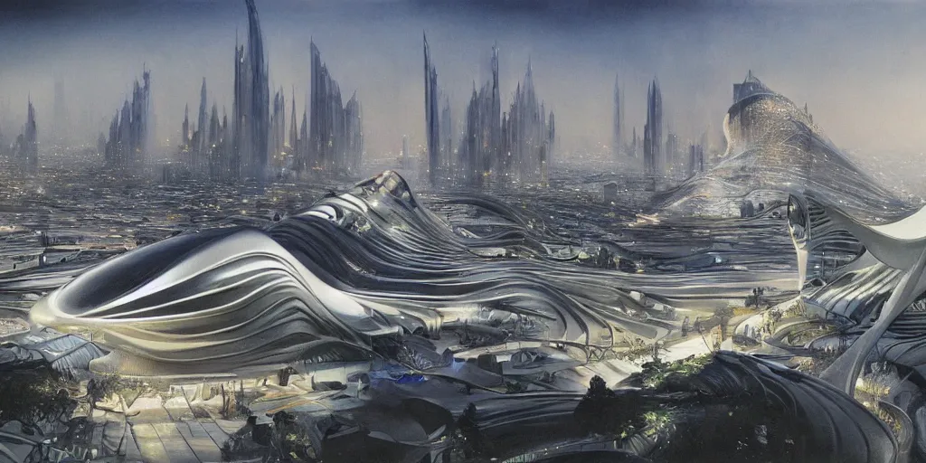 Image similar to a beautiful painting of epic fantasy islamic zaha hadid city by alan lee, trending on artstation