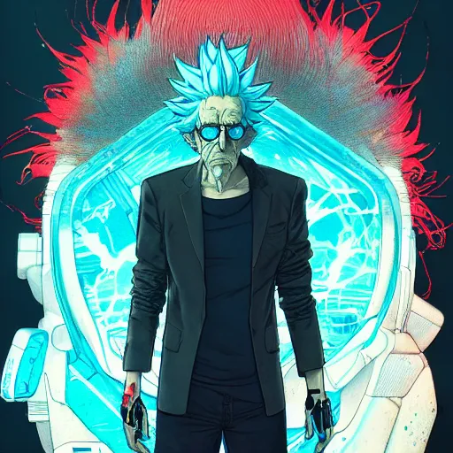 Image similar to 9 5 5 5 rick sanchez portrait by and james jean and katsuhiro otomo and erik jones, inspired by ghost in the shell anime, fine face features, intricate high details, sharp, ultradetailed, 3 d octane render