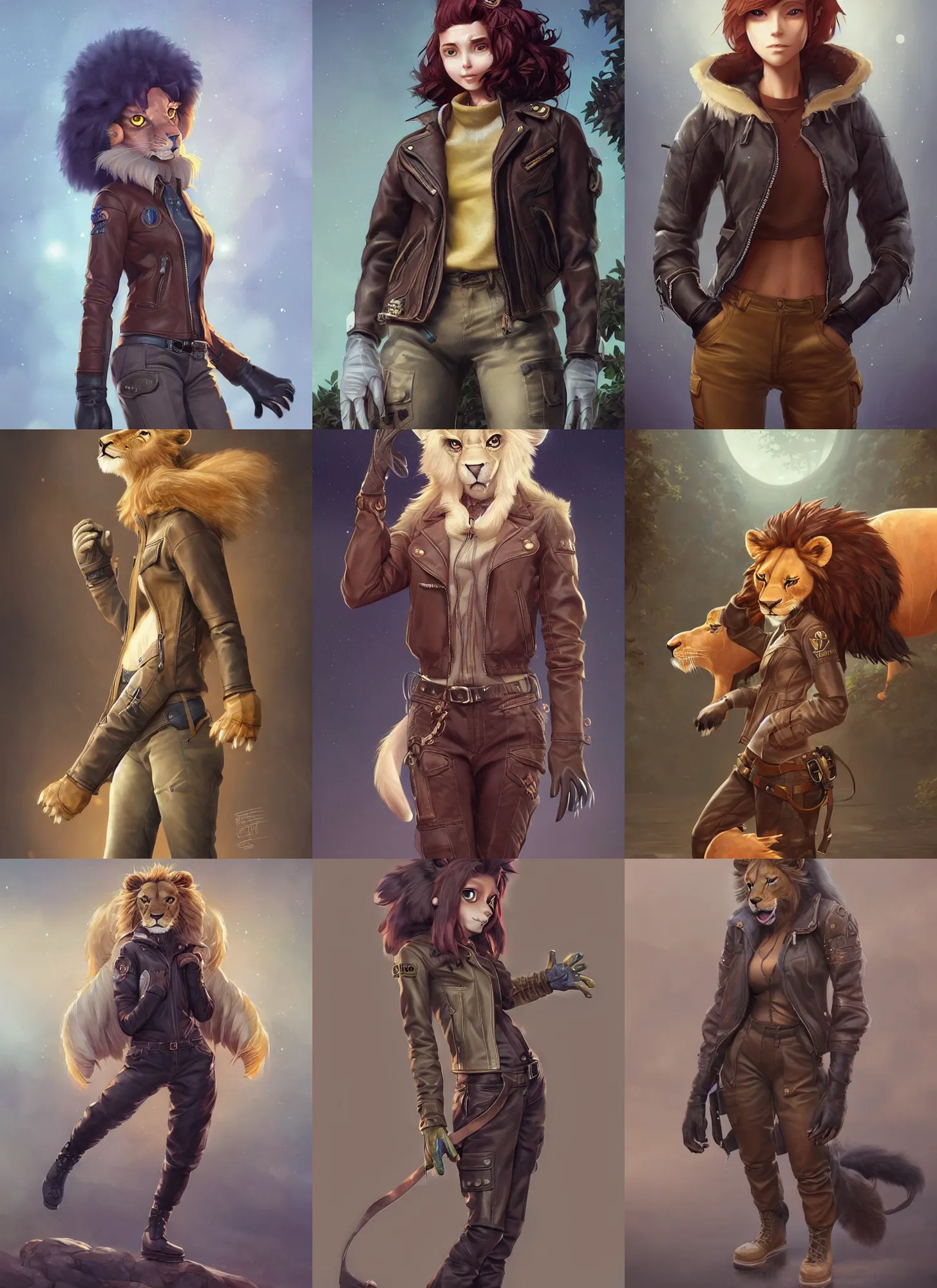 Prompt: beautiful portrait of a female anthropomorphic lion fursona wearing a leather jacket. leather gloves. leather boots. cargo pants. character design by charlie bowater, ross tran, artgerm, and makoto shinkai, detailed, soft lighting, rendered in octane