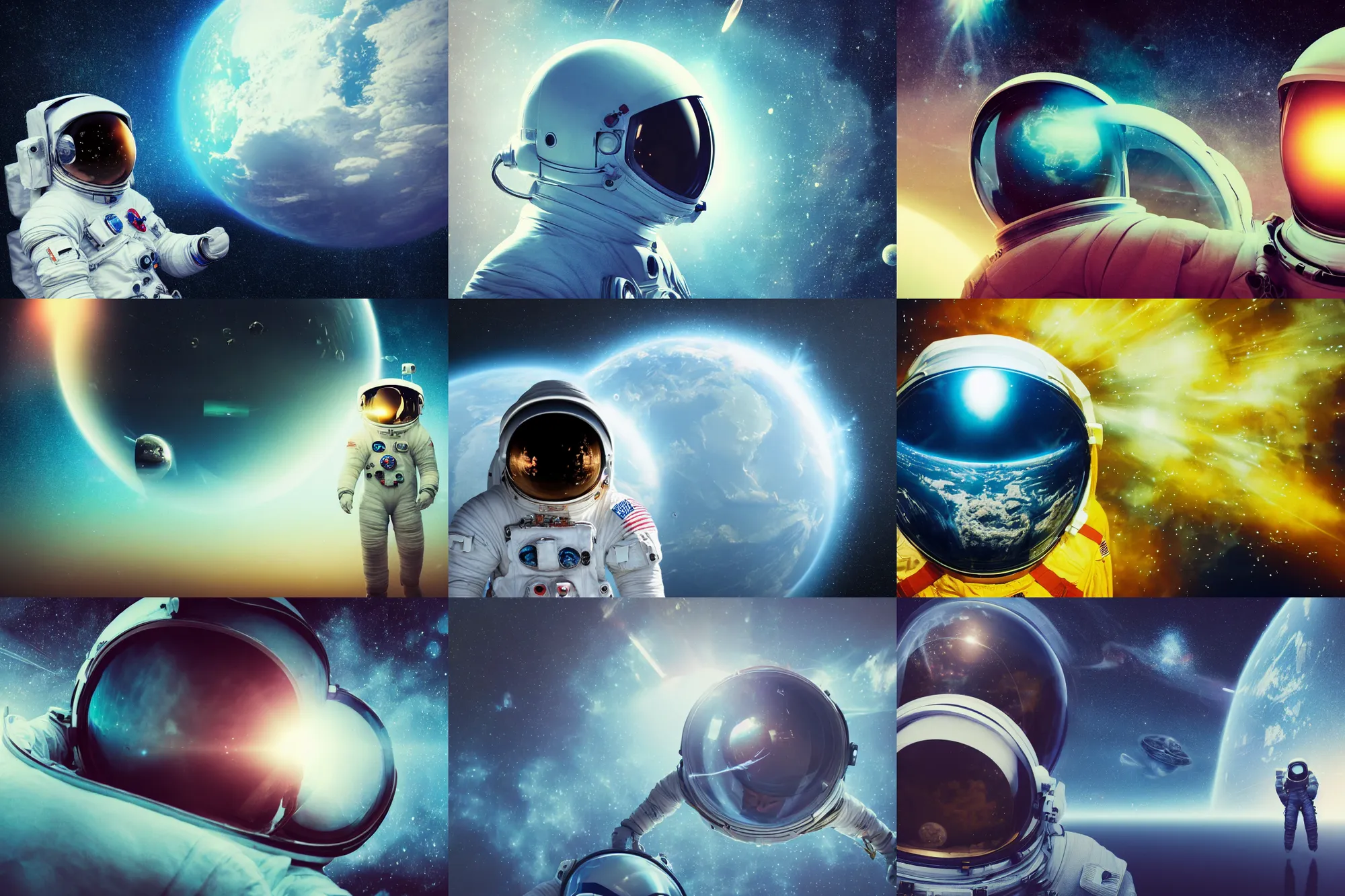 Prompt: a photograph of an astronaut floating in space with reflection reflection of an earth earth earth like planet visible in space helmet, science fiction, brilliant reflections, interstellar space suit, cinematic, hypermaximalist, detailed, 4 k, 8 k, breathtaking stars, surrealism, distant, concept art, digital art, sharp focus, reflections, rtx, octane render, acid pixie, trending on deviantart