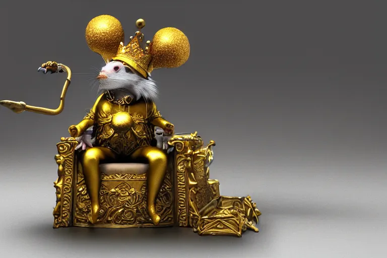 Image similar to 3 d render of a rat character who is a king, wearing golden crown, siiting on the throne highly detailed octane render, artstation, surrealism, pixar