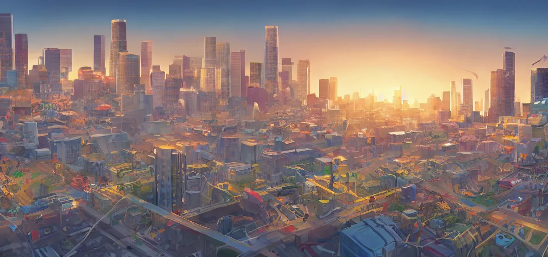 Prompt: visual development los angeles skyline cityscape, by dice tsutsumi, pixar disney dreamworks sony animation, photoshop, the art of books