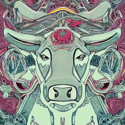 Prompt: a cow made up of milk, an ultrafine detailed illustration by james jean, intricate linework, bright colors, final fantasy, behance contest winner, vanitas, angular, altermodern, unreal engine 5 highly rendered, global illumination, radiant light, detailed and intricate environment