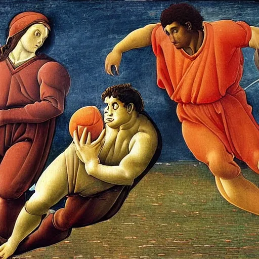 Prompt: painting of pele and maradona in heaven with a football ball, very detailled, by botticelli