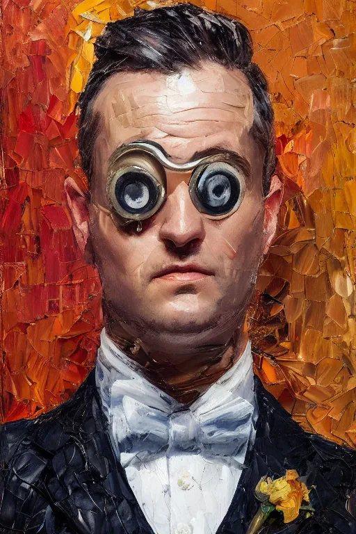 Image similar to palette knife oil painting portrait of graham, a fellow in a three - piece suit and single monocle covering his right eye, peering over from his heavy, lacquered oak reception desk, extreme detail, artstation trending, artgerm, any racial background, deviant art, octane, substance, art history 8 k