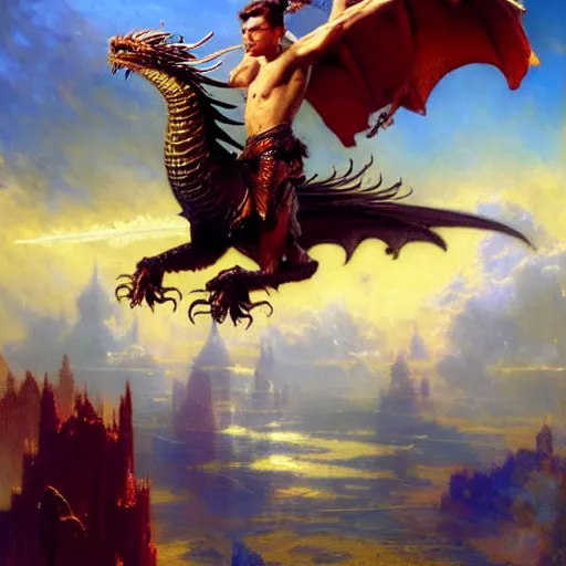 Prompt: stunning male master wizard flying with a dragon, highly detailed painting by gaston bussiere, craig mullins, j. c. leyendecker, 8 k