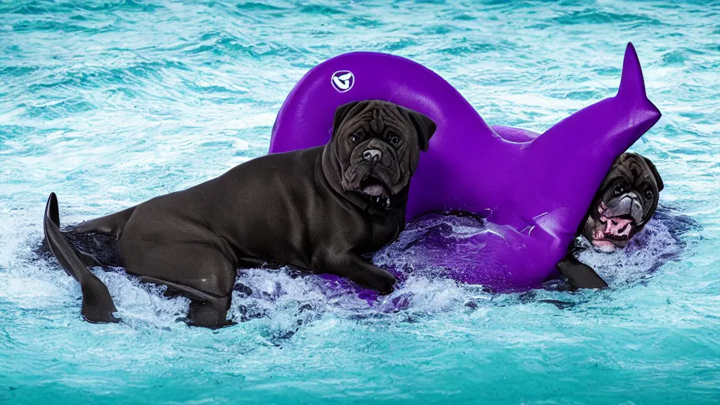 Prompt: A boerboel as a shark biting a purple inner tube