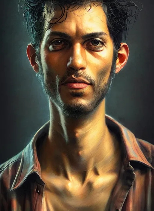 Prompt: a detailed painted portrait of an 9 0's era rock musician by artist hadi karimi, wlop, artgerm, greg rutkowski, smirk expression, dramatic lowkey studio lighting, accurate skin textures, hyperrealism, aesthetically pleasing and harmonious vintage colors
