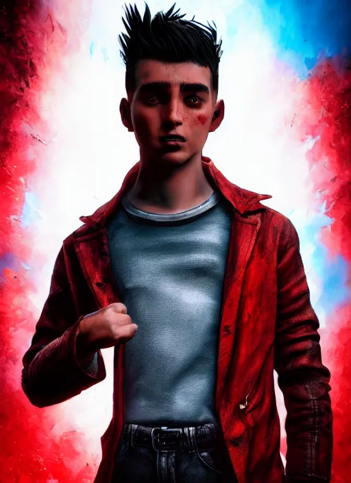 Image similar to An epic fantasy comic book style portrait painting of a young man with black and red cowlick undercut haircut, wearing a red shirt, black overcoat, blue jeans. Unreal 5, DAZ, hyperrealistic, octane render, cosplay, RPG portrait, dynamic lighting