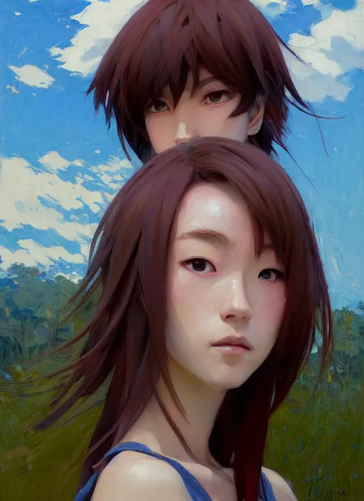 Prompt: portrait of Asuka Soryu Langley, Anime, countryside, calm, fantasy character portrait, dynamic pose, above view, sunny day, thunder clouds in the sky, artwork by Jeremy Lipkin and Giuseppe Dangelico Pino and Michael Garmash and Rob Rey, very coherent asymmetrical artwork, sharp edges, perfect face, simple form, 100mm