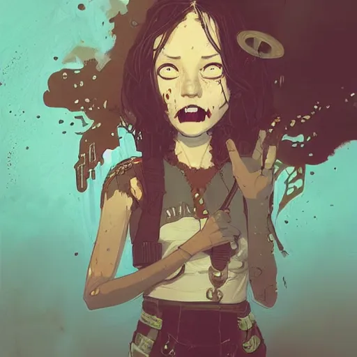 Image similar to Highly detailed portrait of a punk zombie young lady with freckles and brown curly hair hair by Atey Ghailan, by Loish, by Bryan Lee O'Malley, by Cliff Chiang, by Goro Fujita, by Greg Tocchini, inspired by ((image comics)), inspired by nier:automata, inspired by graphic novel cover art !!!gold, silver, opal, brown, black, and white color scheme ((grafitti tag brick wall background))